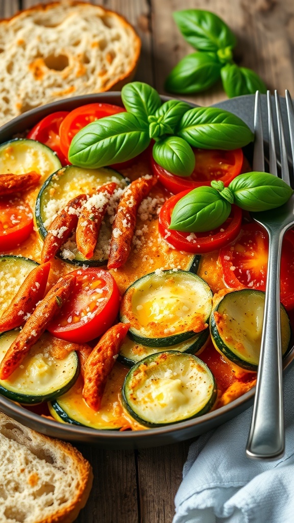 A colorful zucchini and tomato bake with layers of vegetables and cheese, garnished with basil, on a wooden table with bread.